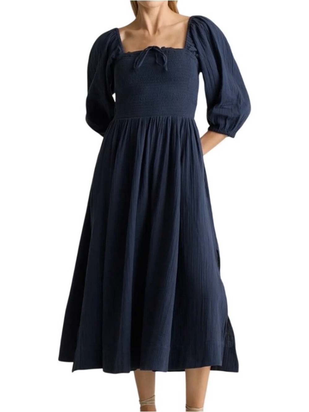 Quince Navy Blue Midi Dress with Puff Sleeves